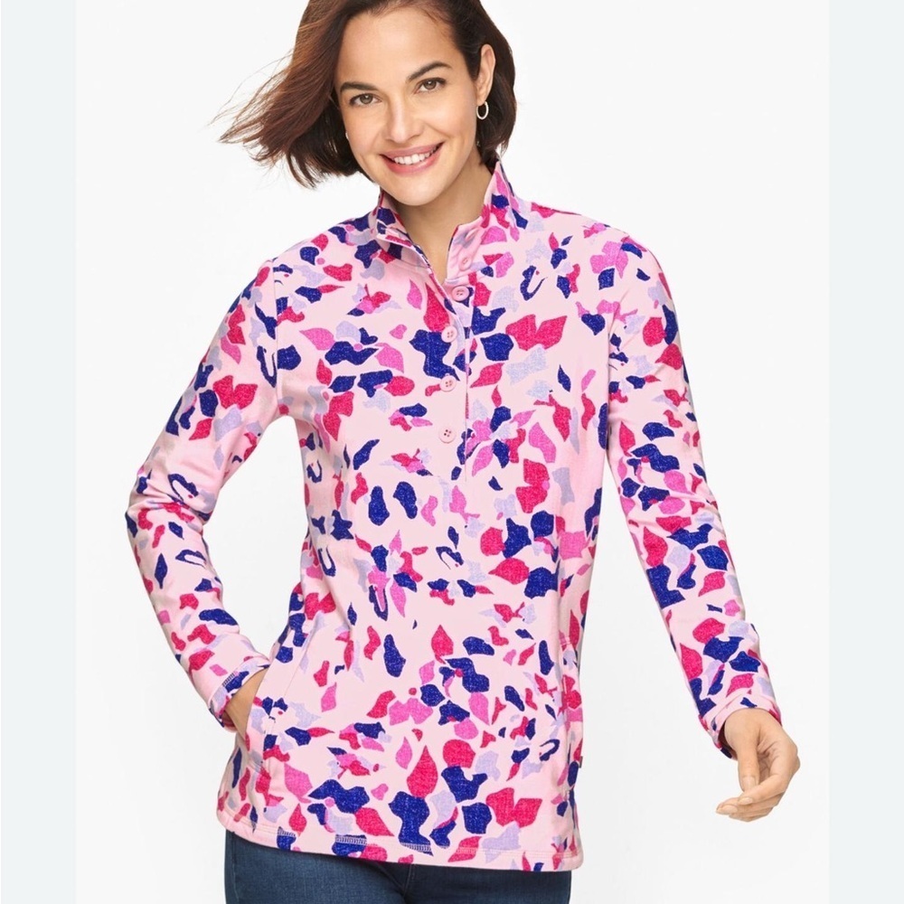 Talbots Fun Floral Button Down Half Placket Sweatshirt